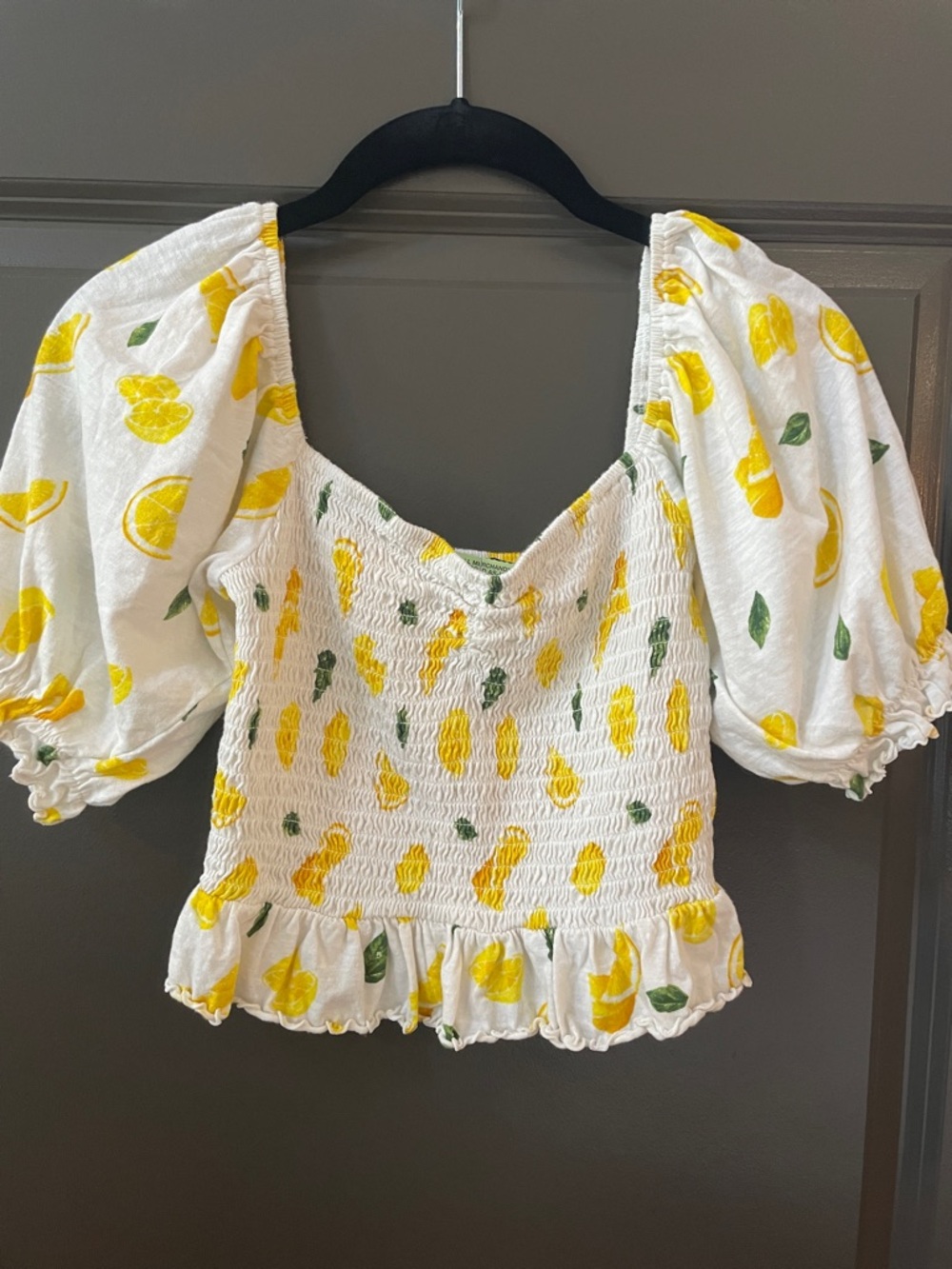 Cotton cropped Smocked Puff-Sleeve Lemon Print Top - White/Yellow  small peplum